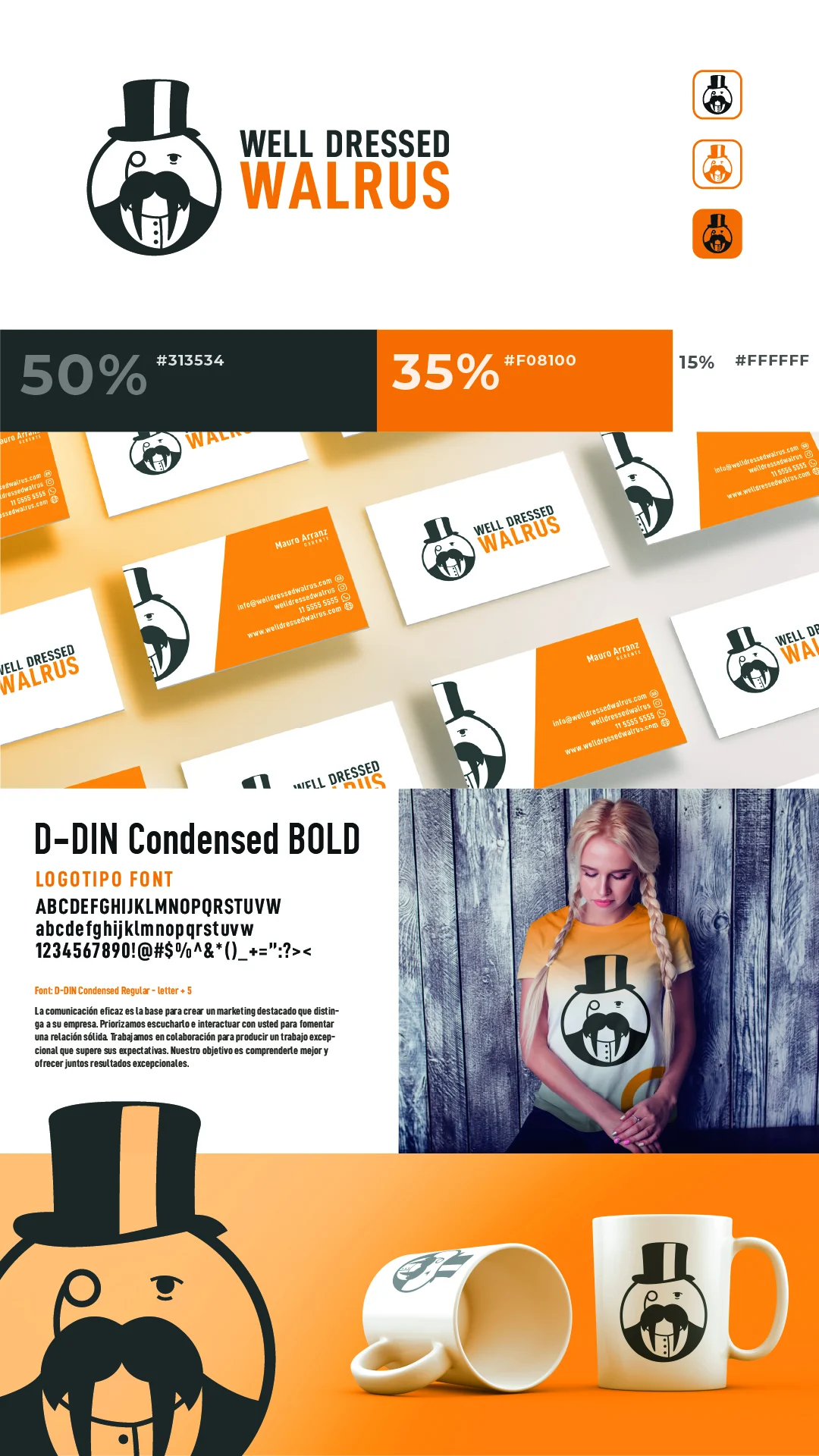 Well Dressed Walrus — Presentación vertical de la identidad